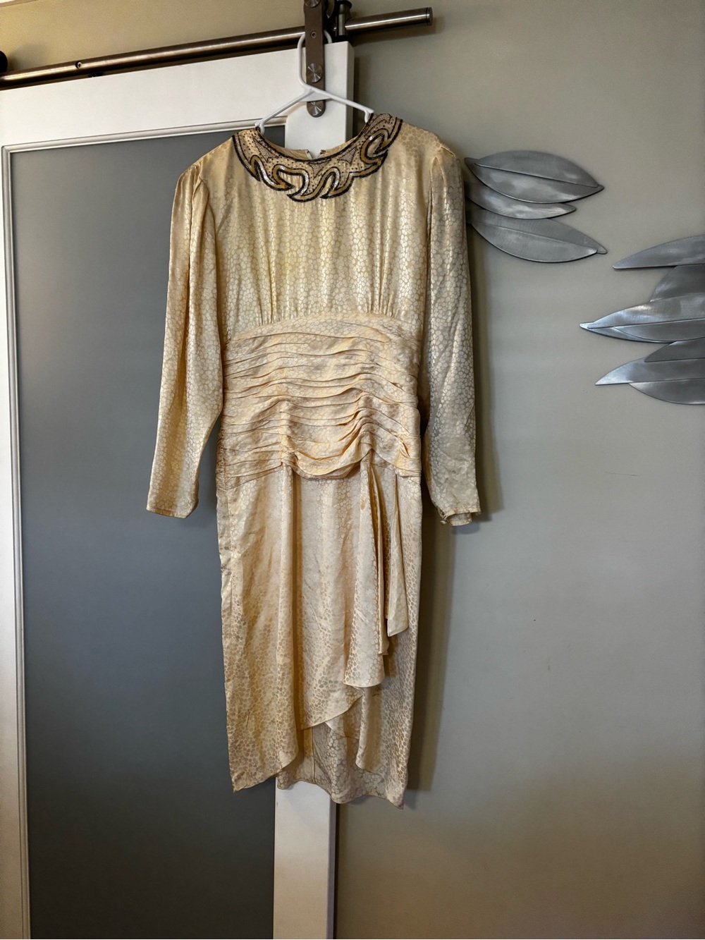 Ivory Long-Sleeve Beaded Neck Draped Evening Dress
